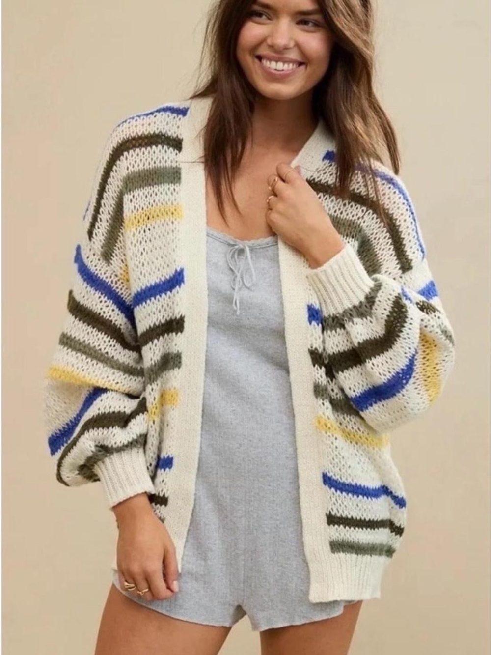 aerie Cream Open-Front Cardigan with Blue, Olive & Yellow Stripes